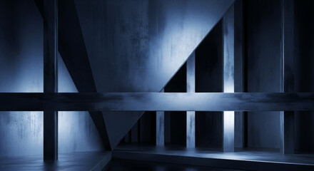 Aufkleber - Abstract architectural composition featuring geometric shapes and a cool, moody blue color palette.