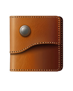 A digitally rendered image of a small, square, brown leather wallet with a single metallic button closure and decorative stitching