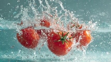 Poster - Tomatoes Create a Dynamic Splash in Crystal Clear Water Captured in High-Speed Motion With a Clean Bottom Layout