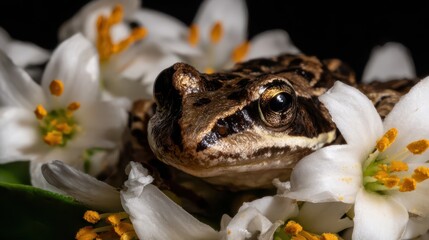 Poster - Close-up of a frog nestled among blossoms.