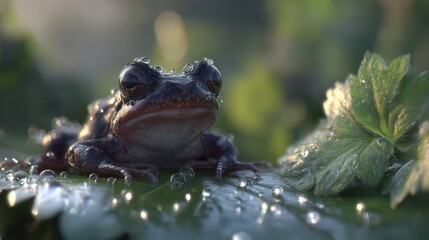 Poster - Close-up of a frog resting on a dew-covered leaf.