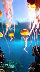 Poster - Group of jellyfish float gently in the deep blue sea water surrounded by coral reefs and illuminated by sunlight