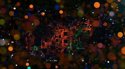  - Circuit board illuminated with colorful bokeh.