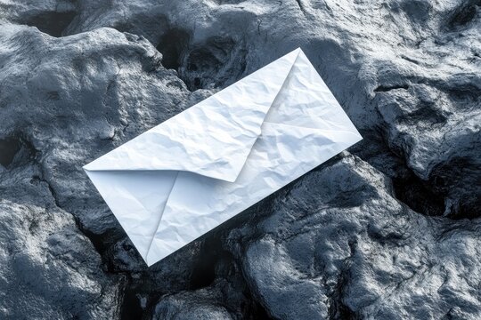Wrinkled white envelope resting on dark gray rocks.