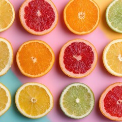 Poster - Vibrant Citrus Fruits in Geometric Arrangement on a Pastel Background With Ample Space Above for Design Elements or Text