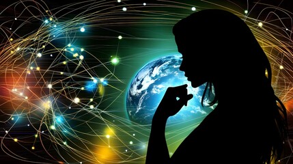 Poster - Silhouette of a thoughtful woman against a backdrop of global connectivity.