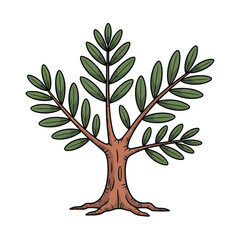Cartoon sandalwood tree illustration with brown trunk green leaves and roots on white