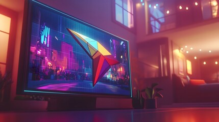 Poster - Colorful geometric design on a television screen in a dimly lit room.