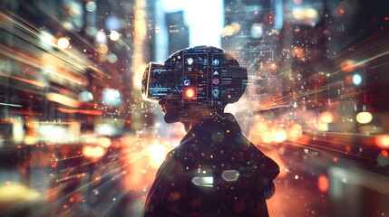 Poster - Person wearing virtual reality headset in a city at night.