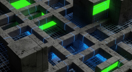 Aufkleber - Abstract digital structure of interconnected concrete blocks with glowing green and blue accents.