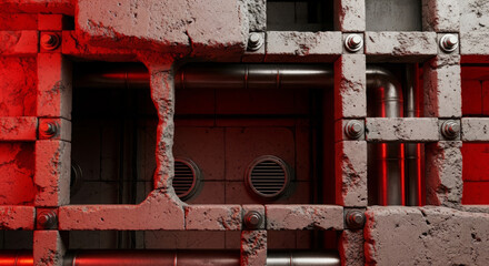 Aufkleber - A close-up view of a weathered concrete structure with exposed pipes and metal fixtures.