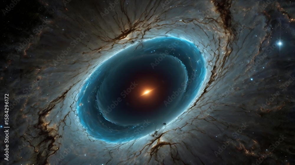 A colossal black hole, its event horizon glowing with an ethereal blue ...