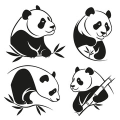 Fototapete - Collection of 16 distinct panda head illustrations silhouette isolated on white background
