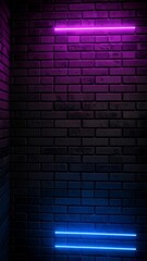 Poster - Brick wall texture backdrop with vibrant purple and blue horizontal neon light accents for stylish backgrounds.