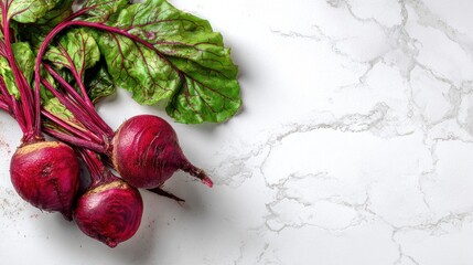 Poster - Watercolor Artwork Showcasing Beetroot and Rustic Leaves in a Top-Left Open Design on a Marble Background