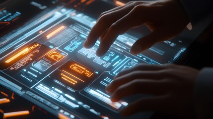 Poster - Close-up of hands interacting with a futuristic touchscreen display.
