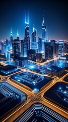 Poster - Futuristic Cityscape with Circuit Board Roads and Glowing Skyscrapers at Night: Depicting advanced technology and urban planning in a digital world