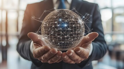Poster - Businessperson holds a holographic global network sphere.