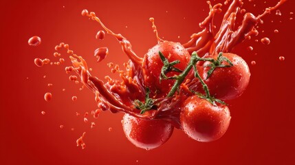 Poster - Stylized Tomato Ketchup Splash Featuring Fresh Raw Tomatoes Against a Vibrant Red Background