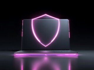 Poster - Cybersecurity concept, digital shield hologram over laptop, dark tech background, neon glow, data protection 