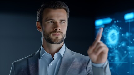 Poster - Futuristic businessman using AI-powered holographic dashboard, smart office background, professional lighting, corporate tech environment