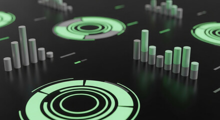 Poster - Abstract visualization of data, featuring bar graphs and circular charts with a glowing green and gray color scheme.