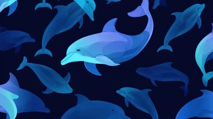 Poster - Sea creatures swimming in a dark blue sea.