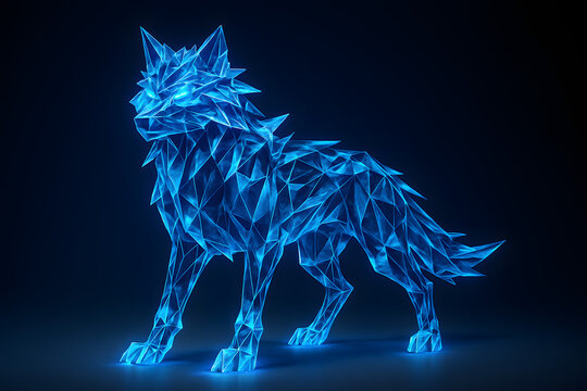 Cyber Wolf: A captivating digital representation of a majestic wolf, rendered in a mesmerizing, glowing blue geometric design, stands out boldly against a dark background.