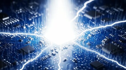 Poster - Lightning strikes a circuit board, symbolizing advanced technology and electrical engineering in a digital