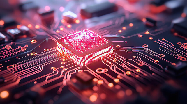 Close up view of computer circuit board featuring glowing microchip at center, surrounded by intricate pathways and connections, symbolizing advanced technology and digital innovation