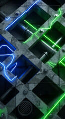 Aufkleber - Glowing neon lines crisscross a weathered metal grid, creating an abstract industrial design.