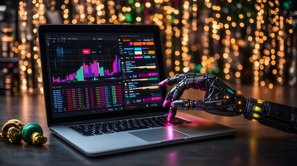 Poster - Robotic hand operating a laptop displaying financial data.