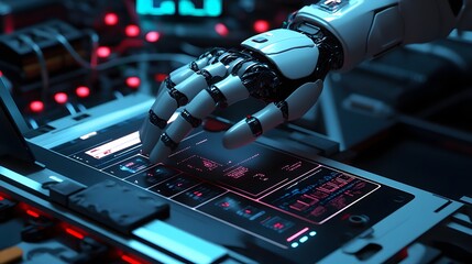 Poster - Robotic hand interacting with a futuristic interface.