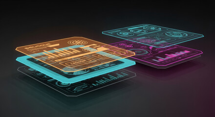 Poster - Abstract digital display with translucent screens showing data visualizations, graphs, and charts in vibrant colors.