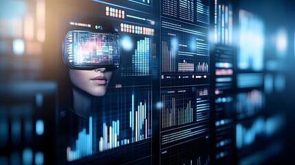 Poster - Woman wearing vr headset in front of digital displays.