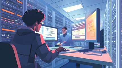 Poster - Two technicians work late in a server room.