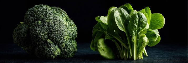 Poster - Fresh Broccoli and Spinach Arranged in a Studio With Modern Lighting and a Dark Background, Showcasing Vibrant Greens and Healthy Textures