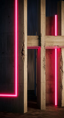 Aufkleber - Neon pink lines illuminate a decaying, rustic wooden and concrete structure.