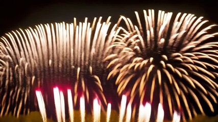Poster - Brightly colored fireworks exploding against dark night sky, celebratory colorful sparks, festive entertainment and holiday theme background footage