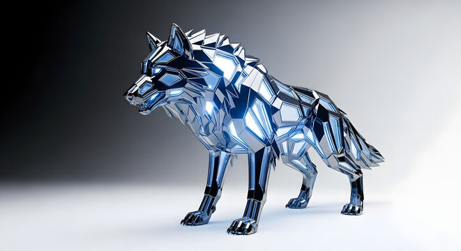 Sculpted Wolf: A strikingly modern artistic depiction of a lone wolf, rendered in faceted metallic forms with a captivating display of light and shadow. 
