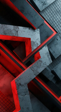 Abstract geometric composition featuring concrete blocks and red lines, creating a modern and industrial aesthetic.
