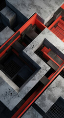 Aufkleber - Abstract geometric design of interlocking concrete blocks, highlighted with vibrant red lines.