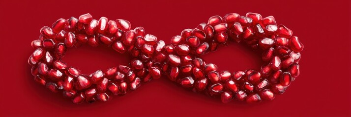 Poster - Pomegranate Seeds Arranged in an Infinity Shape Representing Wellness and Vitality With a Vibrant Red Background