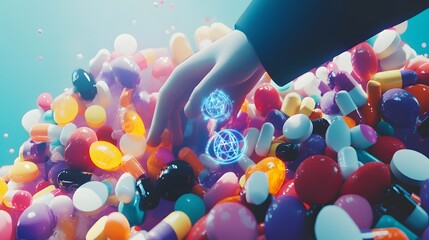 Poster - Colorful pharmaceuticals in a pile, with glowing symbols.