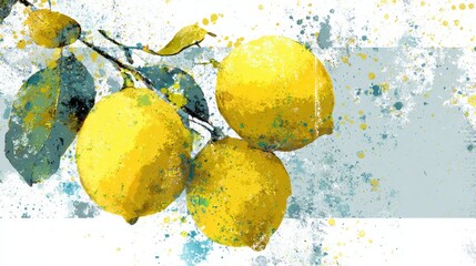 Poster - Layered Digital Collage Featuring Bright Lemons With Ink Splatter Effect Against a Partially Blank Background
