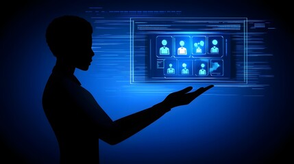 Poster - Silhouette person presenting a digital interface of people icons.