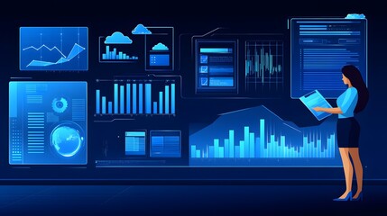 Poster - Woman standing in front of a futuristic digital display wall with various data visualizations.