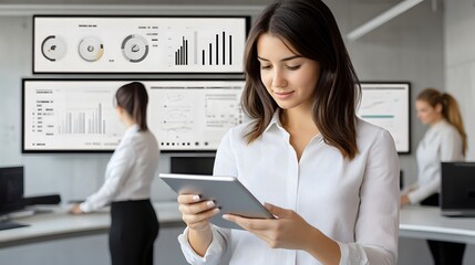 Poster - Woman reviewing data on a tablet in a modern office.