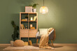 © Pixel-Shot - Interior of living room with bookshelf, armchair and glowing lamps at night