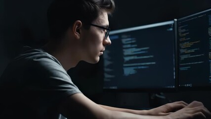 Dedicated young software developer coding intently at dual monitor workstation at night